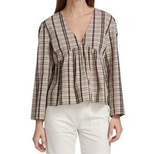 RAILS Noella Stockholm Check V-Neck Peplum Blouse Beige Plaid Long Sleeve Top XS